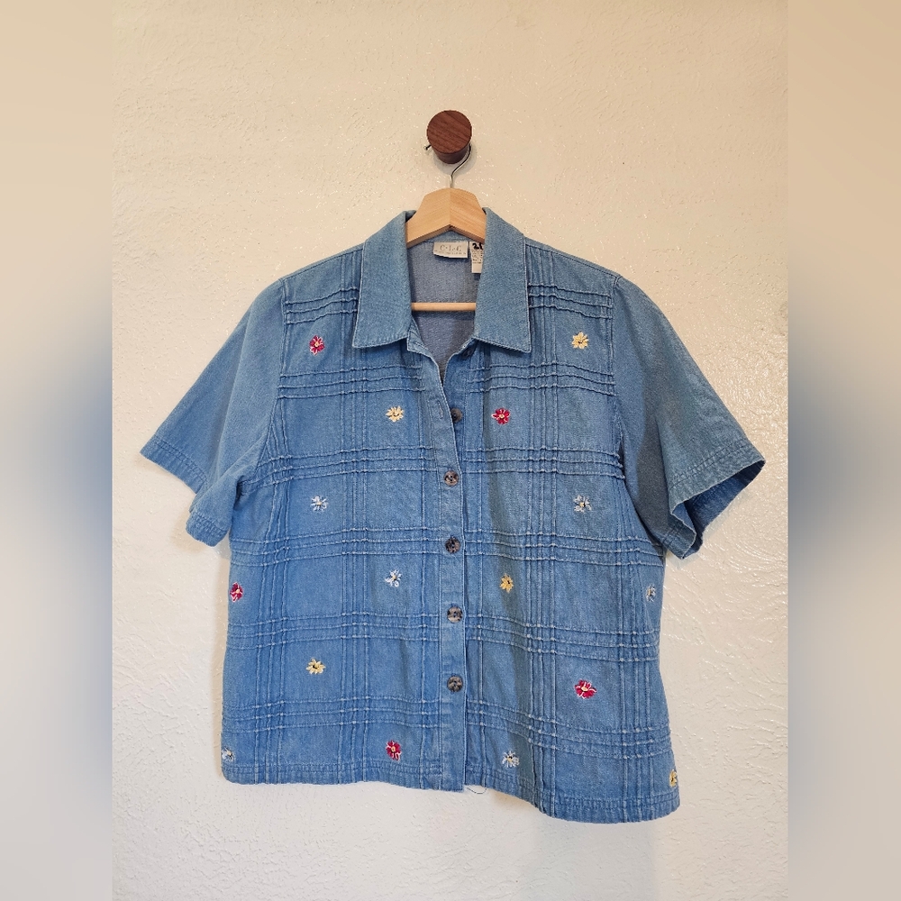 Vintage Blue Short Sleeve Embroidered Shirt